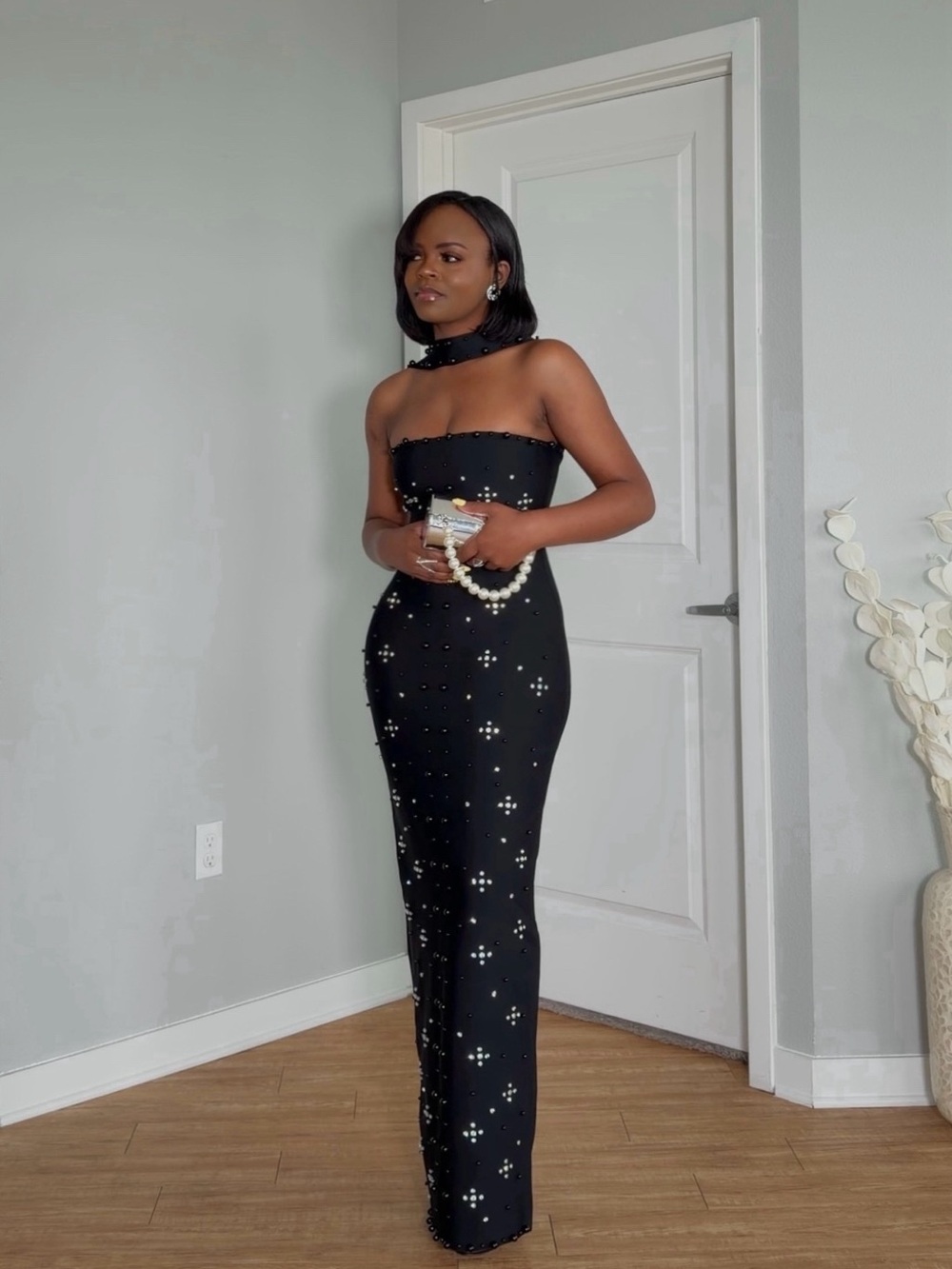 Black Strapless Maxi Dress with Pearl Accent
